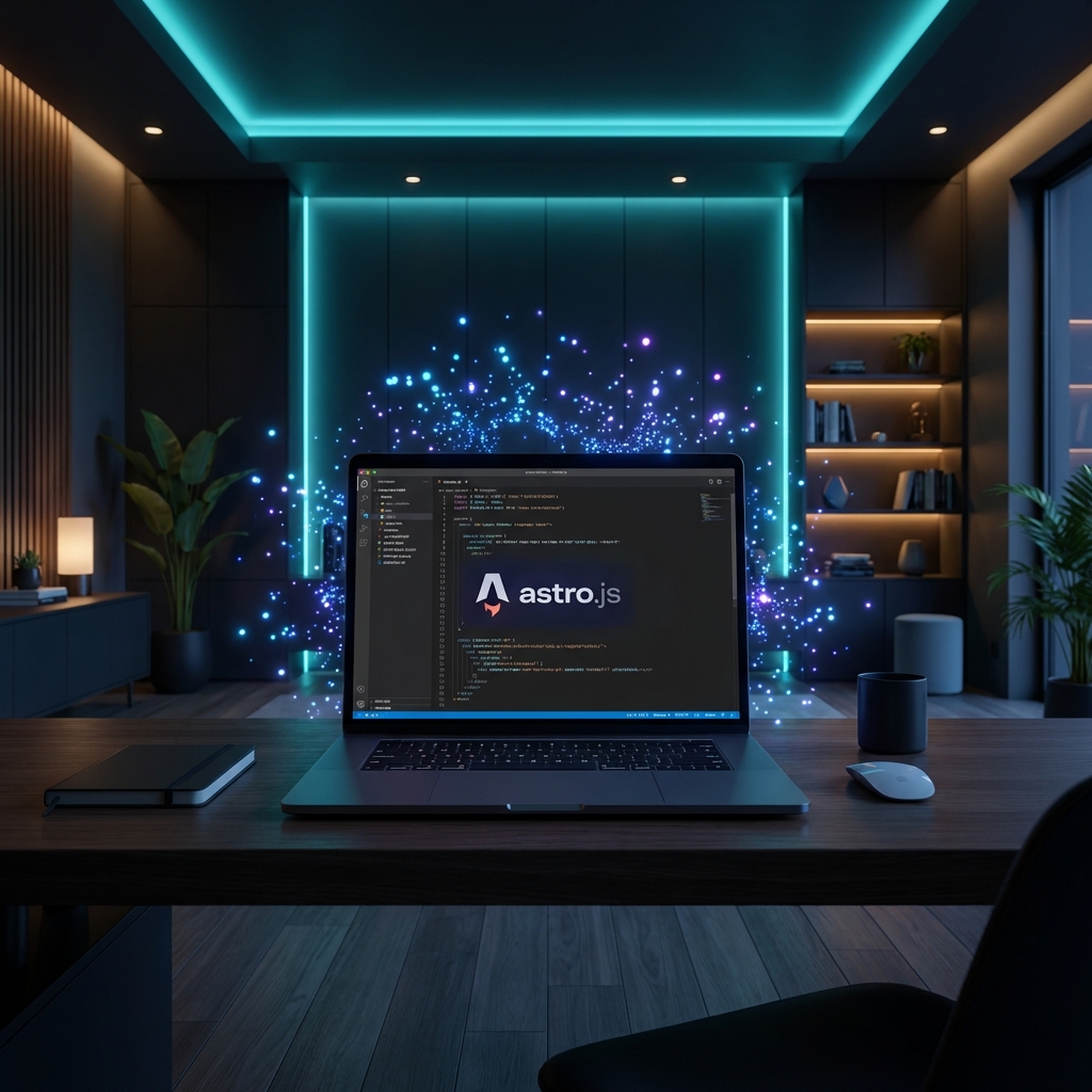 Futuristic workspace with AI glow and Astro.js logo